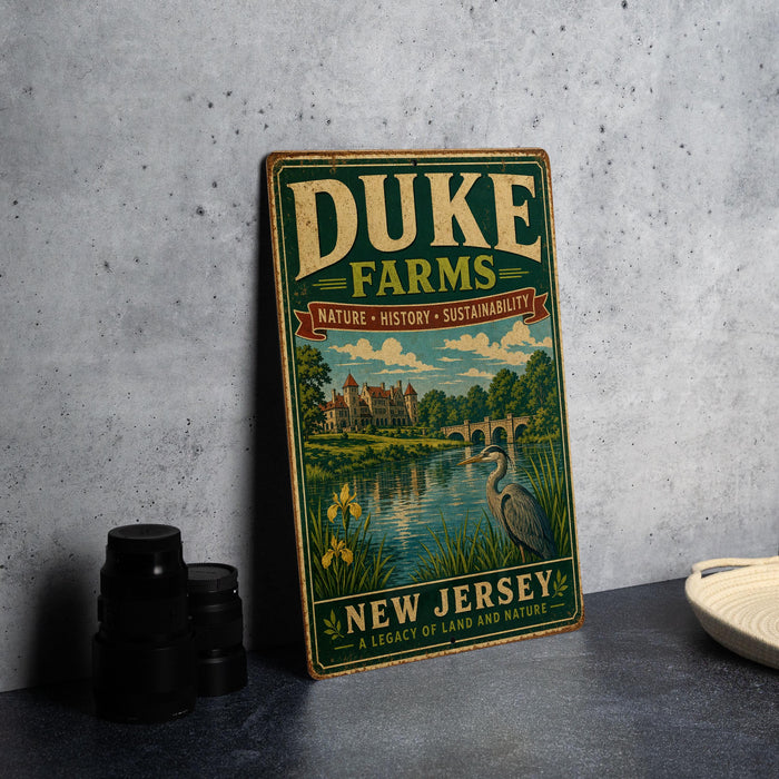 A vintage-style sign for Duke Farms, featuring a scenic landscape with a castle, river, and birds, is displayed on a gray countertop next to a stack of black camera lenses.