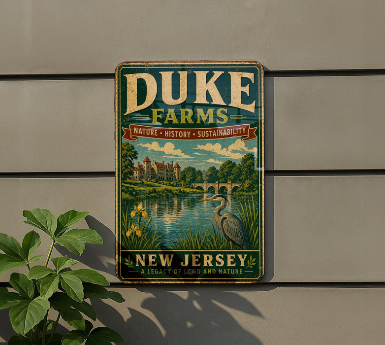 A vintage-style metal sign for Duke Farms, featuring a scenic landscape with a lake, bridge, and birds, mounted on a gray wall.