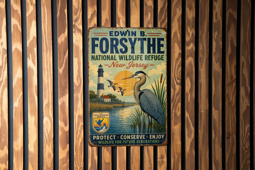A vintage metal sign for the Edwin B. Forsythe National Wildlife Refuge in New Jersey, featuring a lighthouse and a bird.