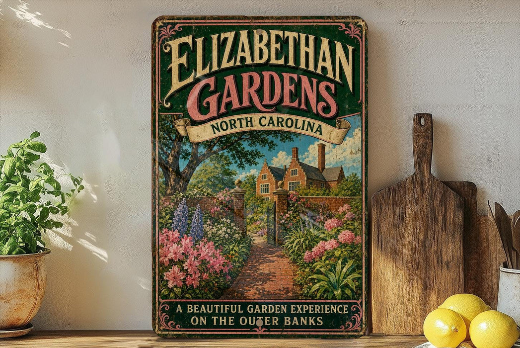 a vintage-style sign for Elizabethan Gardens in North Carolina, with a beautiful garden scene depicted on it. The sign is displayed on a shelf next to a wooden cutting board and some potted plants.