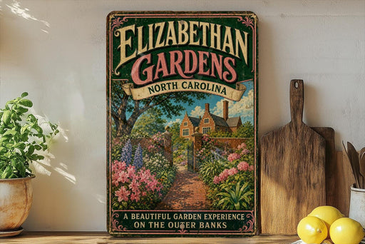 a vintage-style sign for Elizabethan Gardens in North Carolina, with a beautiful garden scene depicted on it. The sign is displayed on a shelf next to a wooden cutting board and some potted plants.