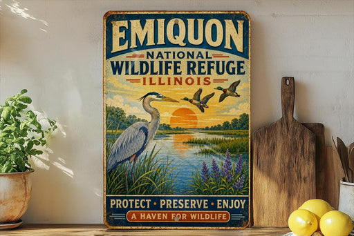 a vintage-style sign for the Emiquon National Wildlife Refuge in Illinois, with a scenic illustration of a heron and ducks in a lake. The sign also includes the text "PROTECT - PRESERVE - ENJOY A HAVEN FOR WILDLIFE" and is displayed on a shelf next to a wooden cutting board and some potted plants.