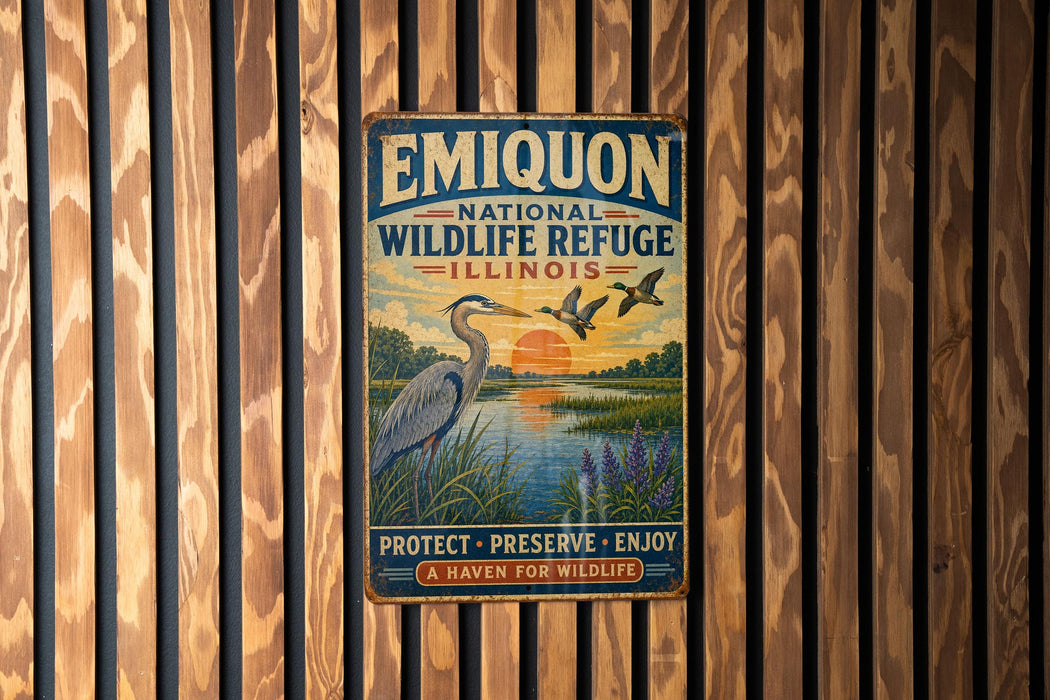 A vintage metal sign for the Emiquon National Wildlife Refuge in Illinois, featuring a bird and a sunset landscape.