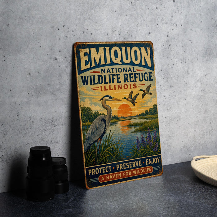 A vintage-style metal sign for the Emiquon National Wildlife Refuge in Illinois, featuring an illustration of a bird and a sunset over a lake.