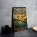 A vintage-style metal sign for the Emiquon National Wildlife Refuge in Illinois, featuring an illustration of a bird and a sunset over a lake.