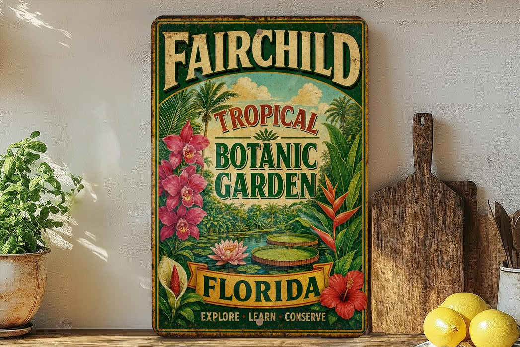 a vintage-style sign for the Fairchild Tropical Botanic Garden in Florida, with a tropical garden scene and various plants and flowers.