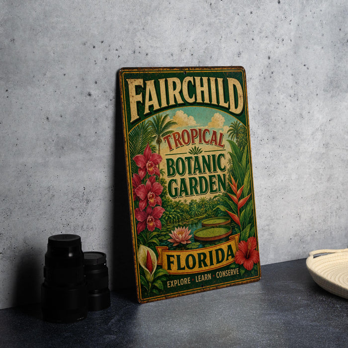 a vintage-style sign for the Fairchild Tropical Botanic Garden in Florida, with a tropical garden scene and various plants and flowers.