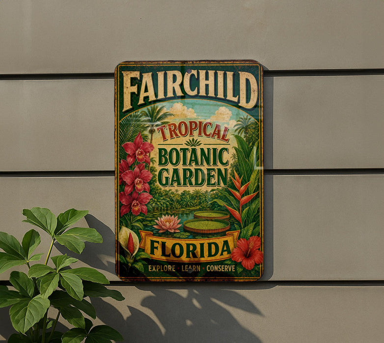 a vintage-style metal sign with a tropical garden theme, hanging on a wall.