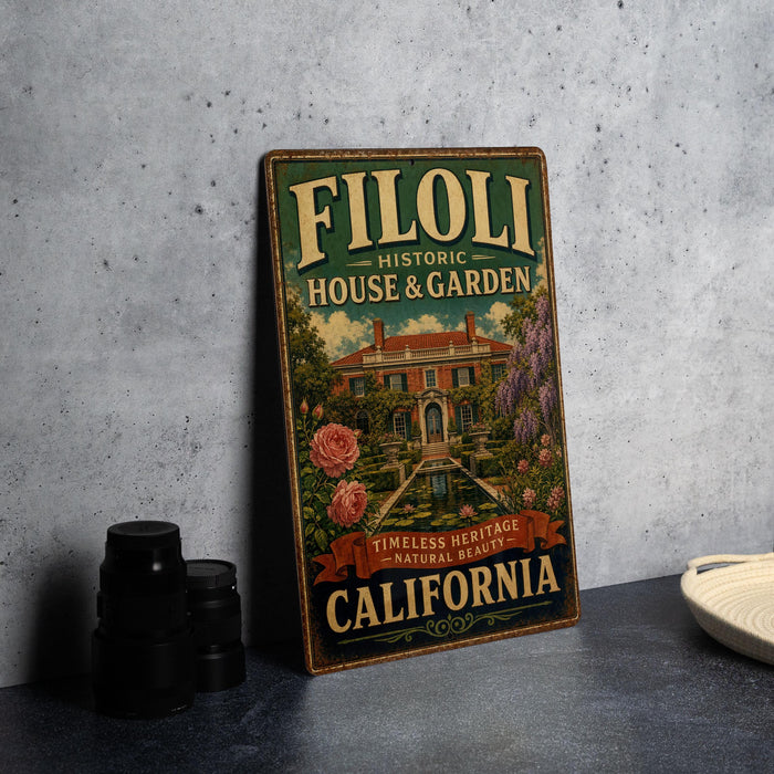 A vintage-style sign for the Filoli Historic House & Garden in California, featuring a large illustration of a house surrounded by flowers and greenery.