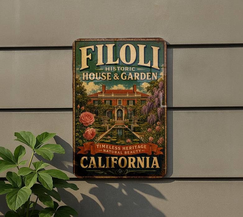 a vintage-style metal sign with a large illustration of a house surrounded by flowers, placed on a wall next to a plant.