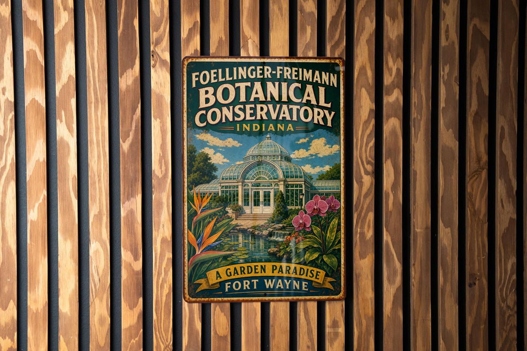 A vintage metal sign for the Foellinger-Freimann Botanical Conservatory in Indiana, featuring a garden scene with a greenhouse and flowers.