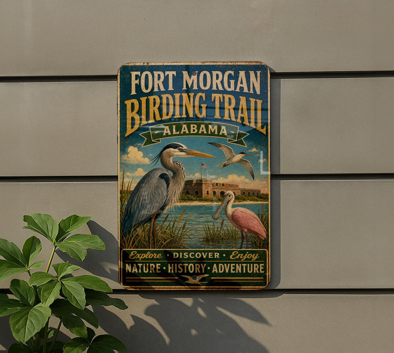 A vintage-style metal sign for the Fort Morgan Birding Trail in Alabama, featuring illustrations of birds and a scenic landscape.