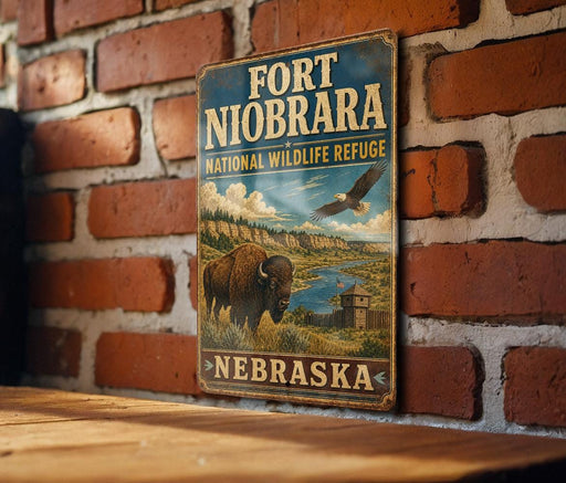 A vintage-style metal sign for the Fort Niobrara National Wildlife Refuge in Nebraska, featuring an illustration of a buffalo and a bird in a scenic landscape.