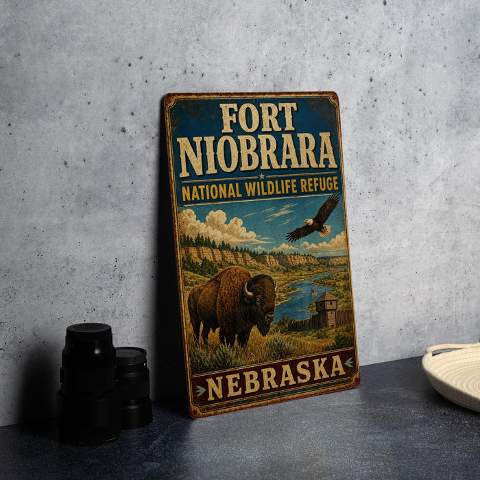 A vintage-style sign for the Fort Niobrara National Wildlife Refuge in Nebraska, featuring an illustration of a buffalo and a bird in flight.