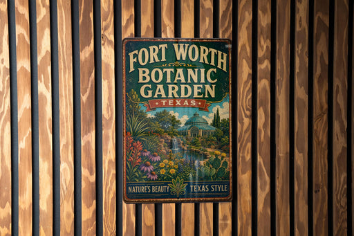 A vintage-style metal sign for Fort Worth Botanic Garden in Texas, featuring a colorful illustration of a garden landscape with a waterfall and various plants.