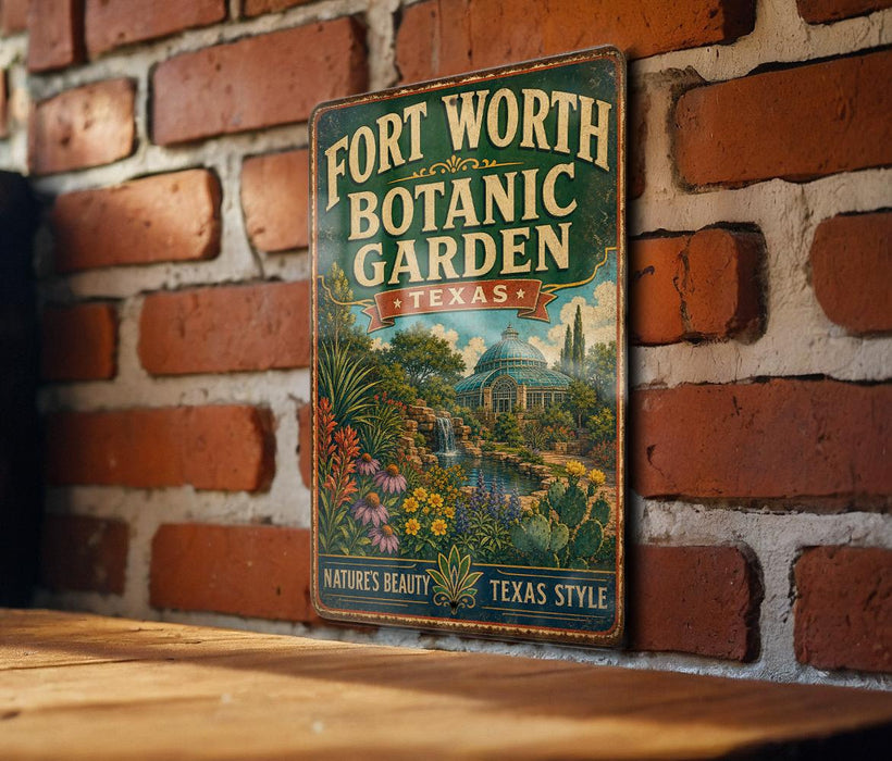 A vintage-style metal sign for the Fort Worth Botanic Garden in Texas, featuring a lush garden scene with various plants and flowers.