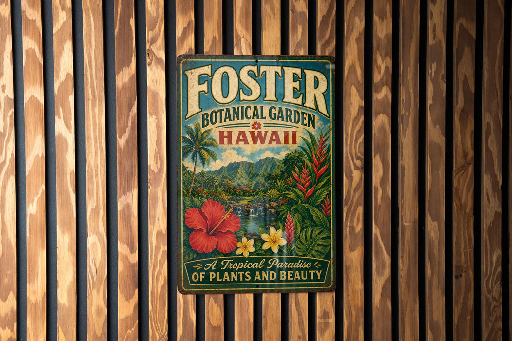 A vintage-style metal sign for Foster Botanical Garden in Hawaii, featuring a tropical landscape with palm trees, flowers, and a waterfall.