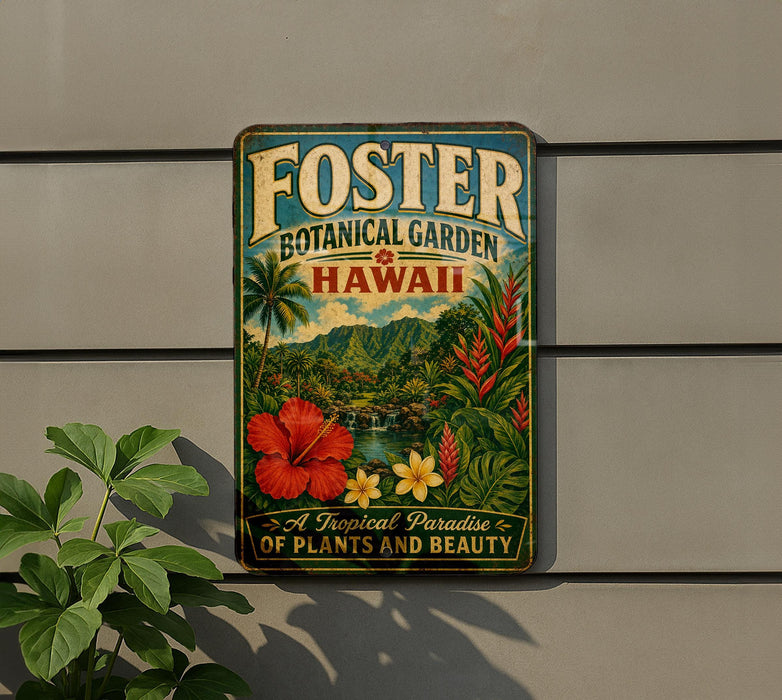 A vintage-style metal sign for Foster Botanical Garden in Hawaii, featuring a tropical landscape with palm trees, flowers, and a waterfall.