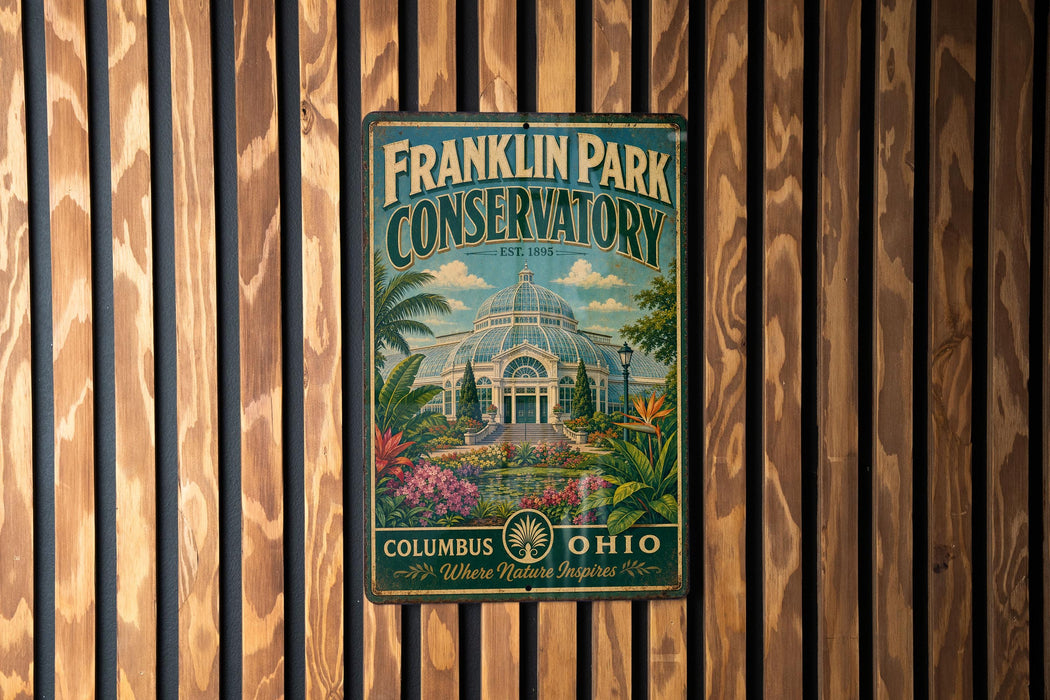 A vintage Franklin Park Conservatory sign is displayed on a wooden wall.