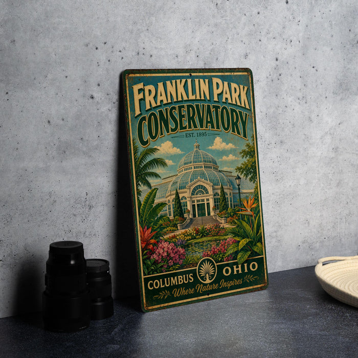 A vintage-style metal sign for Franklin Park Conservatory in Columbus, Ohio, featuring a colorful illustration of the conservatory surrounded by tropical plants and flowers.