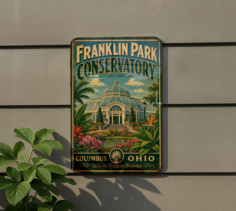 A vintage Franklin Park Conservatory sign is displayed on a wall, featuring a colorful illustration of the conservatory surrounded by tropical plants and flowers.