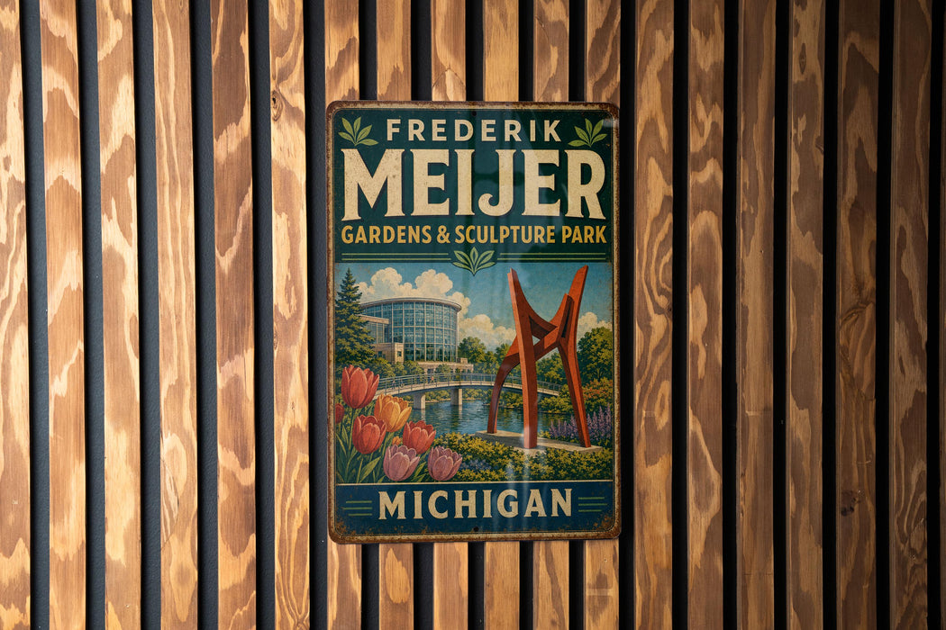 A vintage metal sign for Frederik Mejer Gardens & Sculpture Park in Michigan, featuring a scenic image of the park's landscape and a large sculpture.