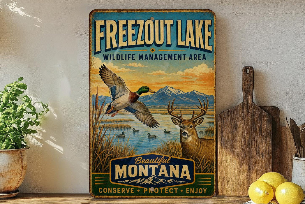 A vintage-style metal sign for Freezout Lake, Montana, featuring an illustration of a bird in flight and a deer in the foreground, with mountains in the background.