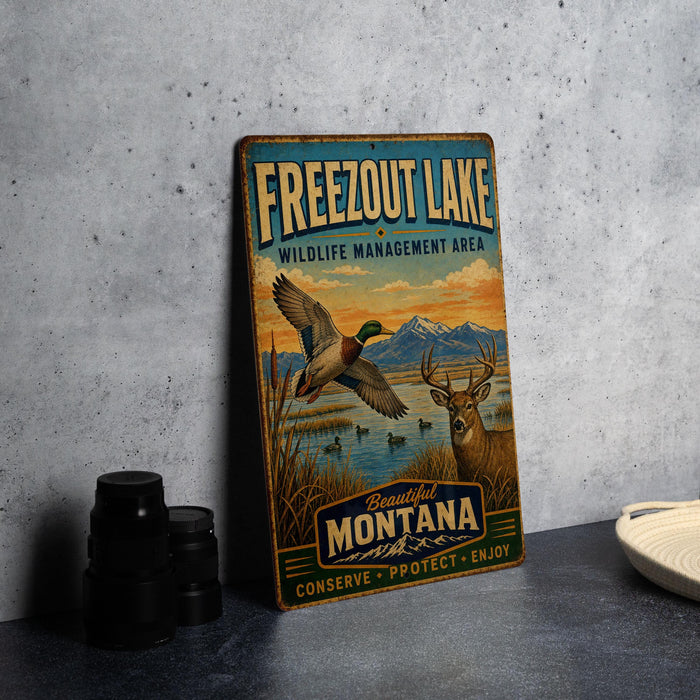 A vintage metal sign for Freezout Lake, Montana, featuring an illustration of a bird and a deer in a natural setting.