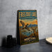 A vintage metal sign for Freezout Lake, Montana, featuring an illustration of a bird and a deer in a natural setting.