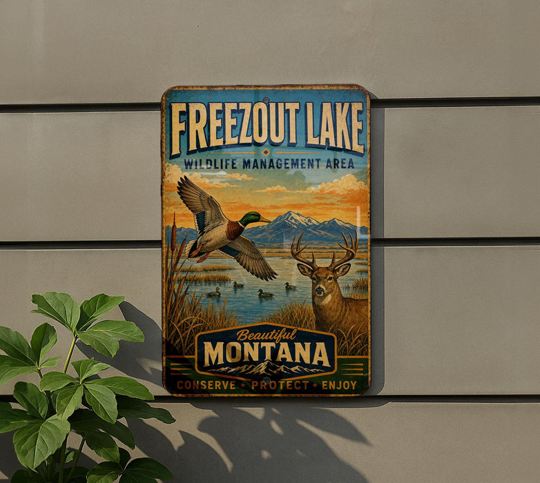 A vintage metal sign for Freezout Lake, Montana, featuring a scenic illustration of ducks and deer in the lake.
