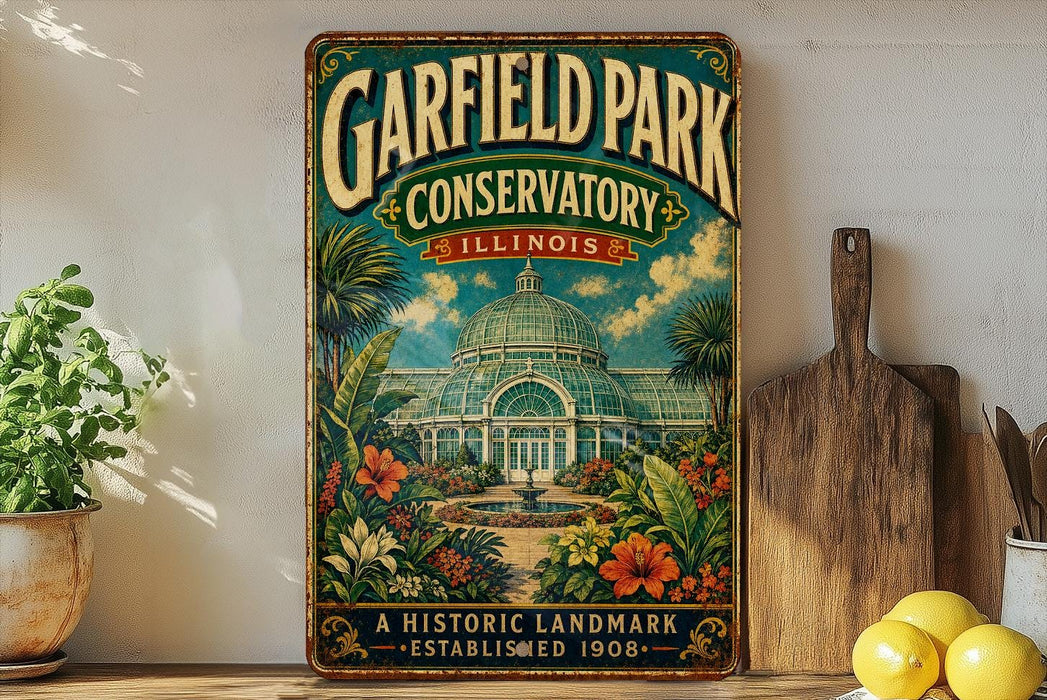 A vintage-style sign for Garfield Park Conservatory in Illinois, featuring a colorful illustration of the conservatory surrounded by tropical plants and flowers.