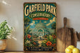 A vintage-style sign for Garfield Park Conservatory in Illinois, featuring a colorful illustration of the conservatory surrounded by tropical plants and flowers.