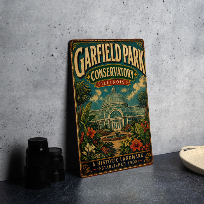 A vintage-style metal sign for Garfield Park Conservatory in Illinois, featuring a colorful illustration of the conservatory surrounded by tropical plants and flowers.