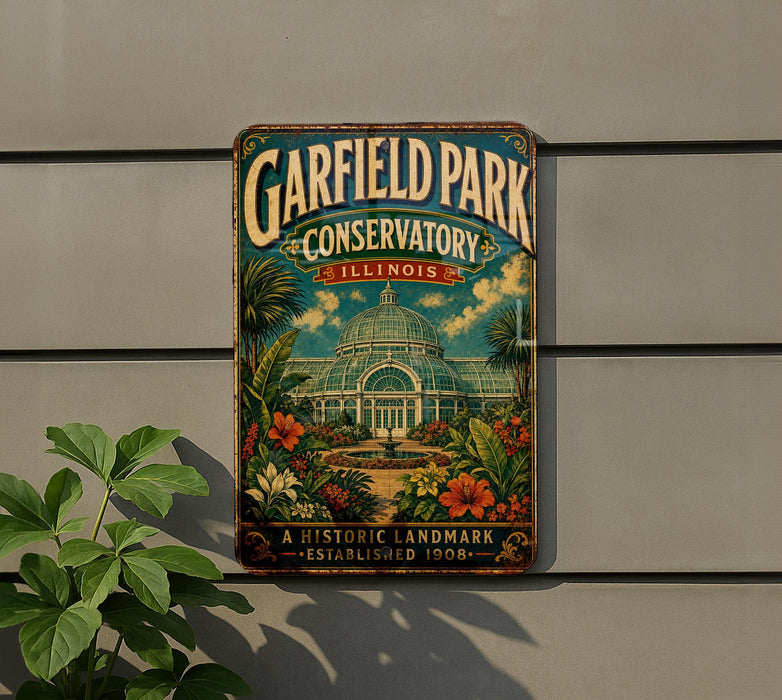A vintage-style metal sign for Garfield Park Conservatory in Illinois, featuring a large illustration of the conservatory surrounded by tropical plants and flowers.