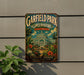 A vintage-style metal sign for Garfield Park Conservatory in Illinois, featuring a large illustration of the conservatory surrounded by tropical plants and flowers.