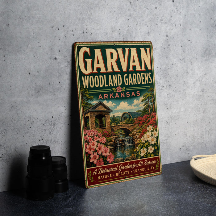 A vintage-style metal sign for the Garvan Woodland Gardens in Arkansas, featuring a scenic illustration of a garden with a bridge and flowers.