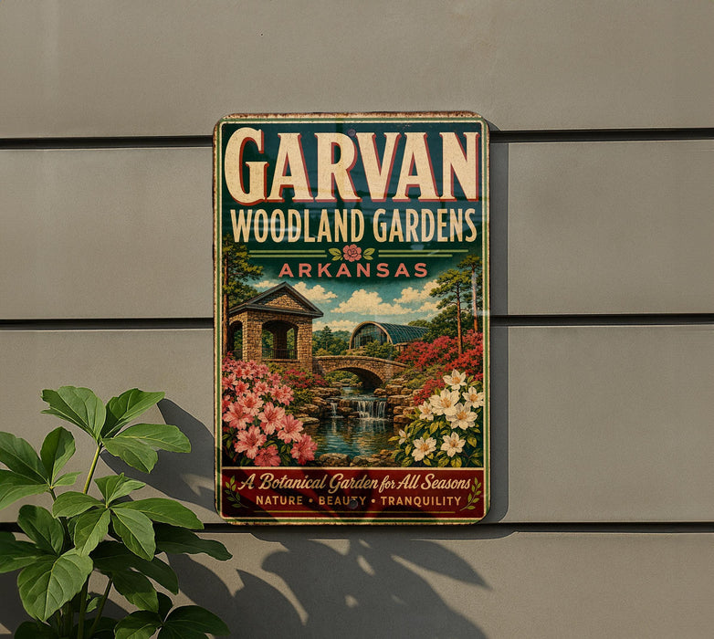A vintage-style metal sign for the GARVAN Woodland Gardens in Arkansas, featuring a scenic landscape with a bridge, flowers, and a waterfall.