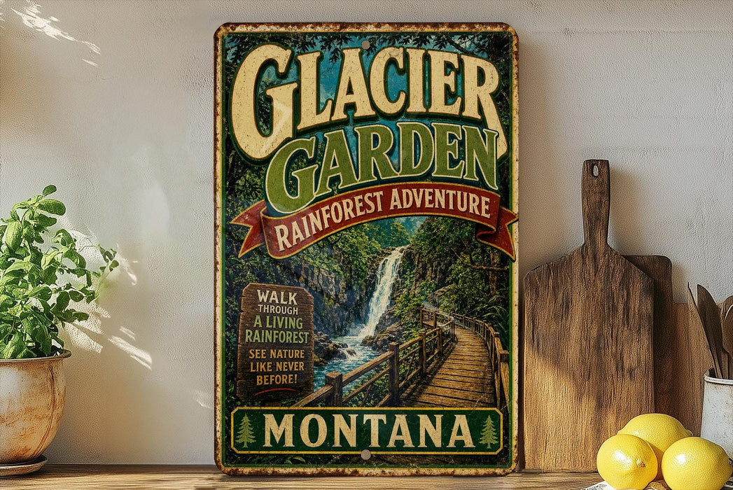 A vintage-style metal sign advertising the Glacier Garden in Montana, featuring a scenic image of a waterfall and a wooden bridge.