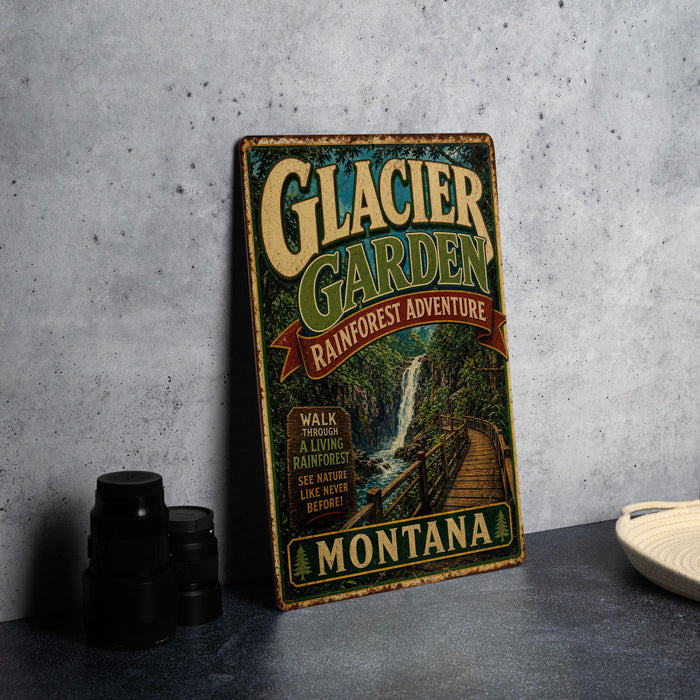 A vintage-style metal sign advertising Glacier Garden, a rainforest adventure in Montana, with a waterfall and wooden bridge in the background.