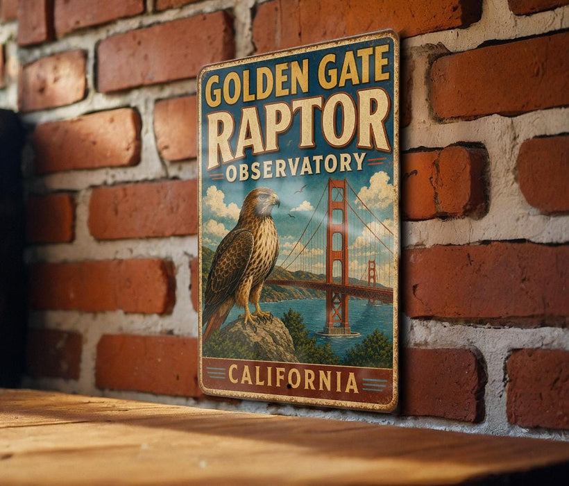A vintage-style metal sign for the Golden Gate Raptor Observatory in California, featuring an illustration of a hawk perched on a rock with the Golden Gate Bridge in the background.