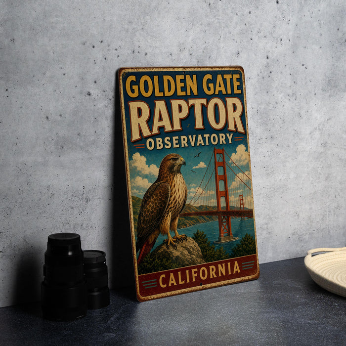 A vintage-style metal sign for the Golden Gate Raptor Observatory in California, featuring an illustration of a hawk perched on a rock with the Golden Gate Bridge in the background.