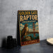 A vintage-style metal sign for the Golden Gate Raptor Observatory in California, featuring an illustration of a hawk perched on a rock with the Golden Gate Bridge in the background.