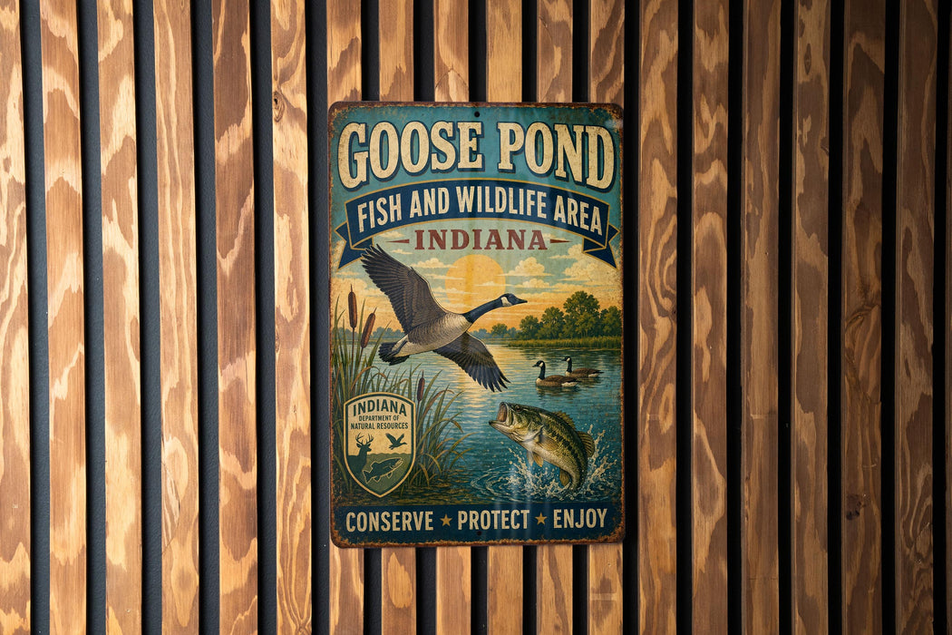 A vintage metal sign for the Goose Pond Fish and Wildlife Area in Indiana, featuring a goose in flight and a fish swimming in the water.