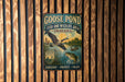 A vintage metal sign for the Goose Pond Fish and Wildlife Area in Indiana, featuring a goose in flight and a fish swimming in the water.