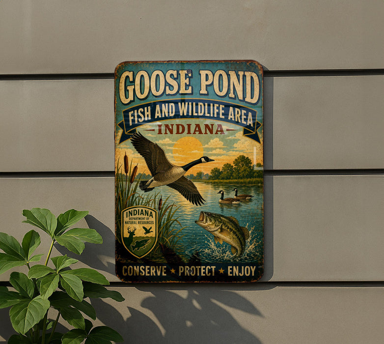 A vintage-style metal sign advertising the "Goose Pond Fish and Wildlife Area" in Indiana, featuring a goose in flight and a fish swimming in a pond.