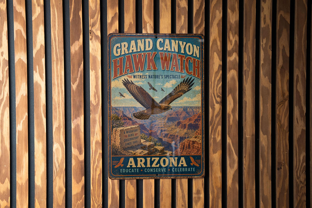 A vintage-style metal sign for Grand Canyon Hawk Watch, featuring an eagle in flight and the text "Grand Canyon Hawk Watch" and "Arizona" in a decorative font.