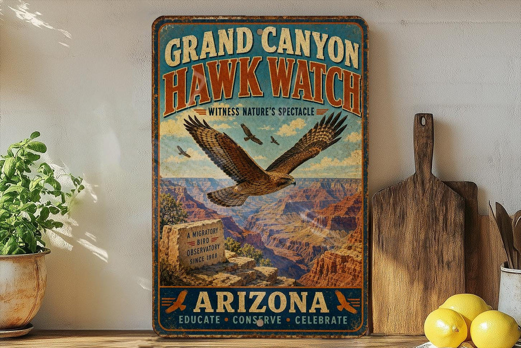 A vintage-style metal sign advertising the Grand Canyon Hawk Watch, featuring an image of a hawk in flight over the Grand Canyon.