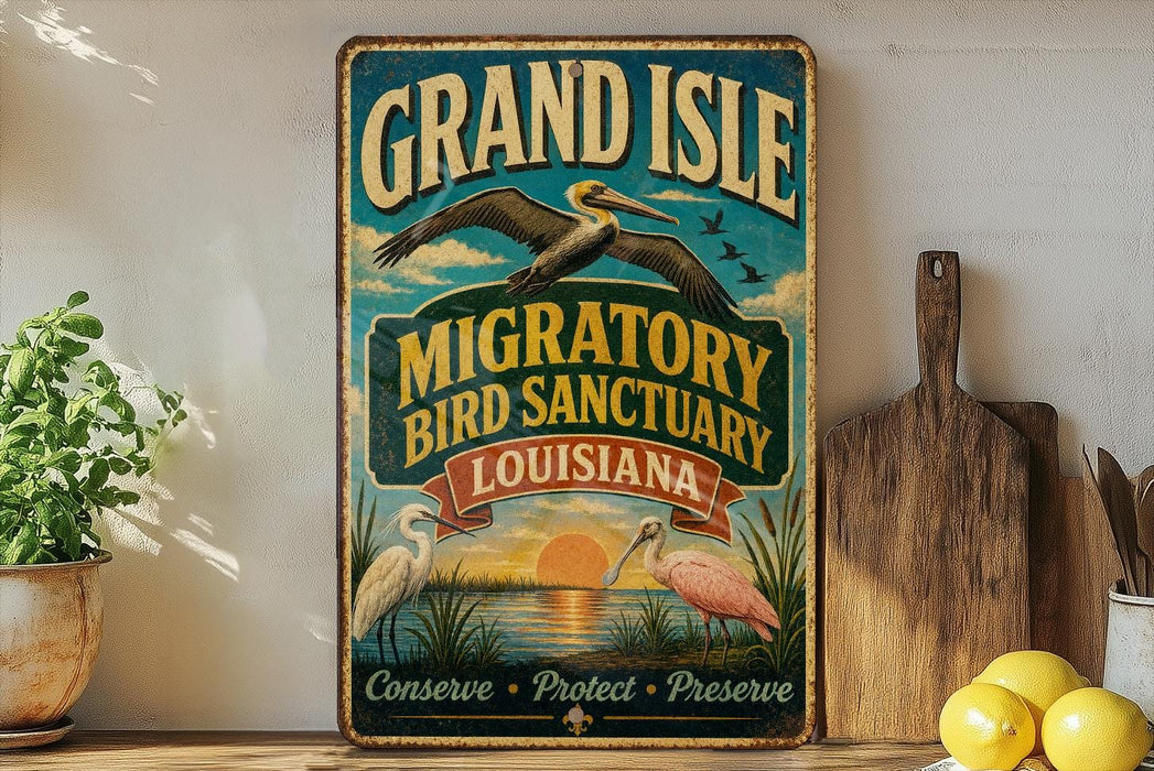 A vintage-style metal sign for the Grand Isle Migratory Bird Sanctuary in Louisiana, featuring illustrations of birds and a sunset.