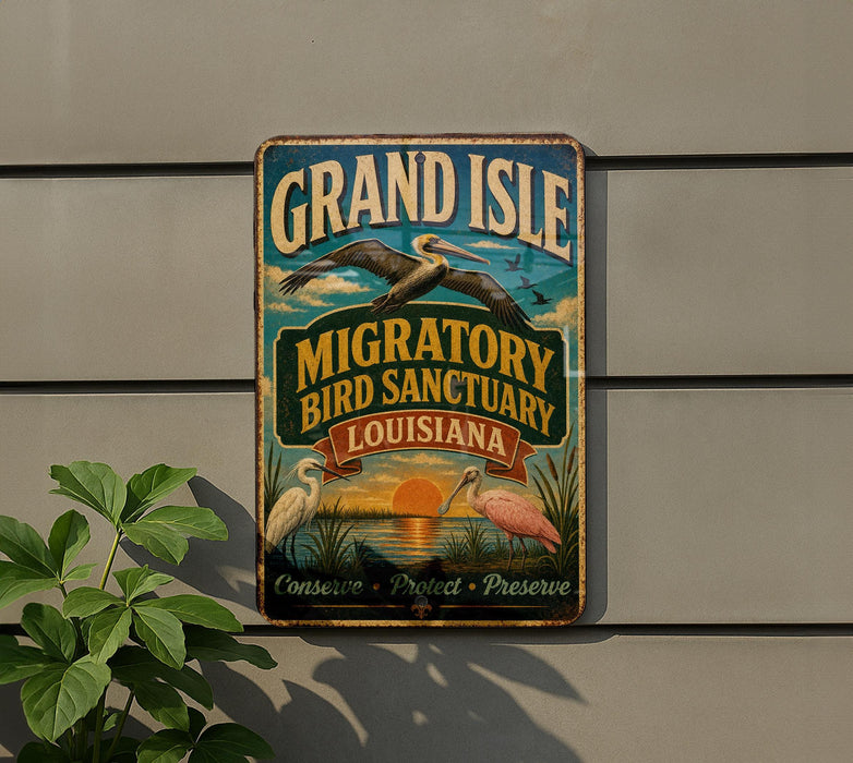 A vintage-style metal sign for the Grand Isle Migratory Bird Sanctuary in Louisiana, featuring illustrations of pelicans and a sunset.