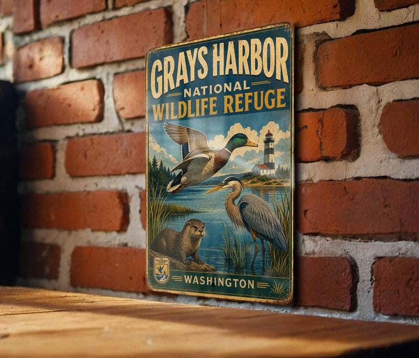 A vintage-style metal sign for the Grays Harbor National Wildlife Refuge in Washington, featuring illustrations of ducks, a heron, and a lighthouse.